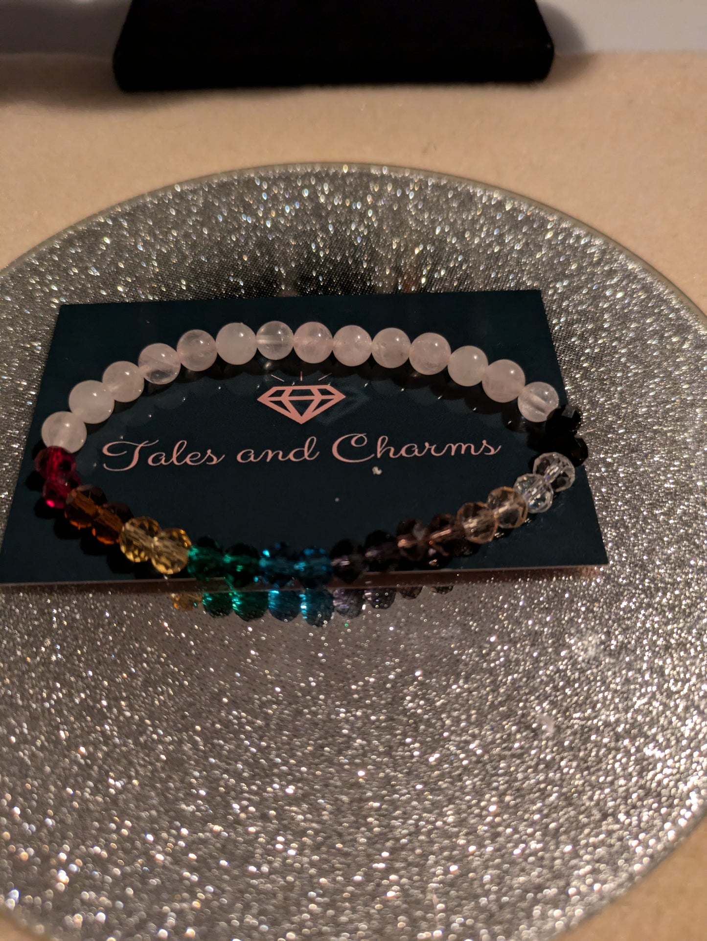 Rainbow & Rose Quartz Bracelet on stretch elastic