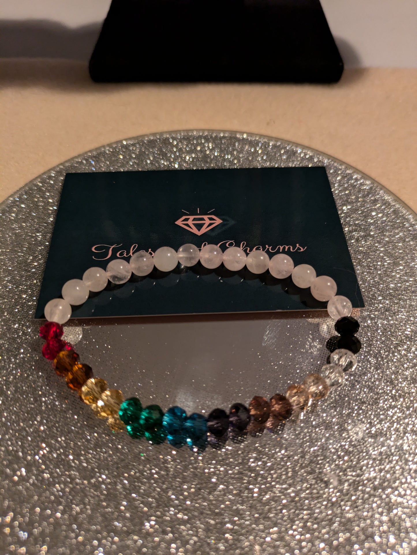 Rainbow & Rose Quartz Bracelet on stretch elastic