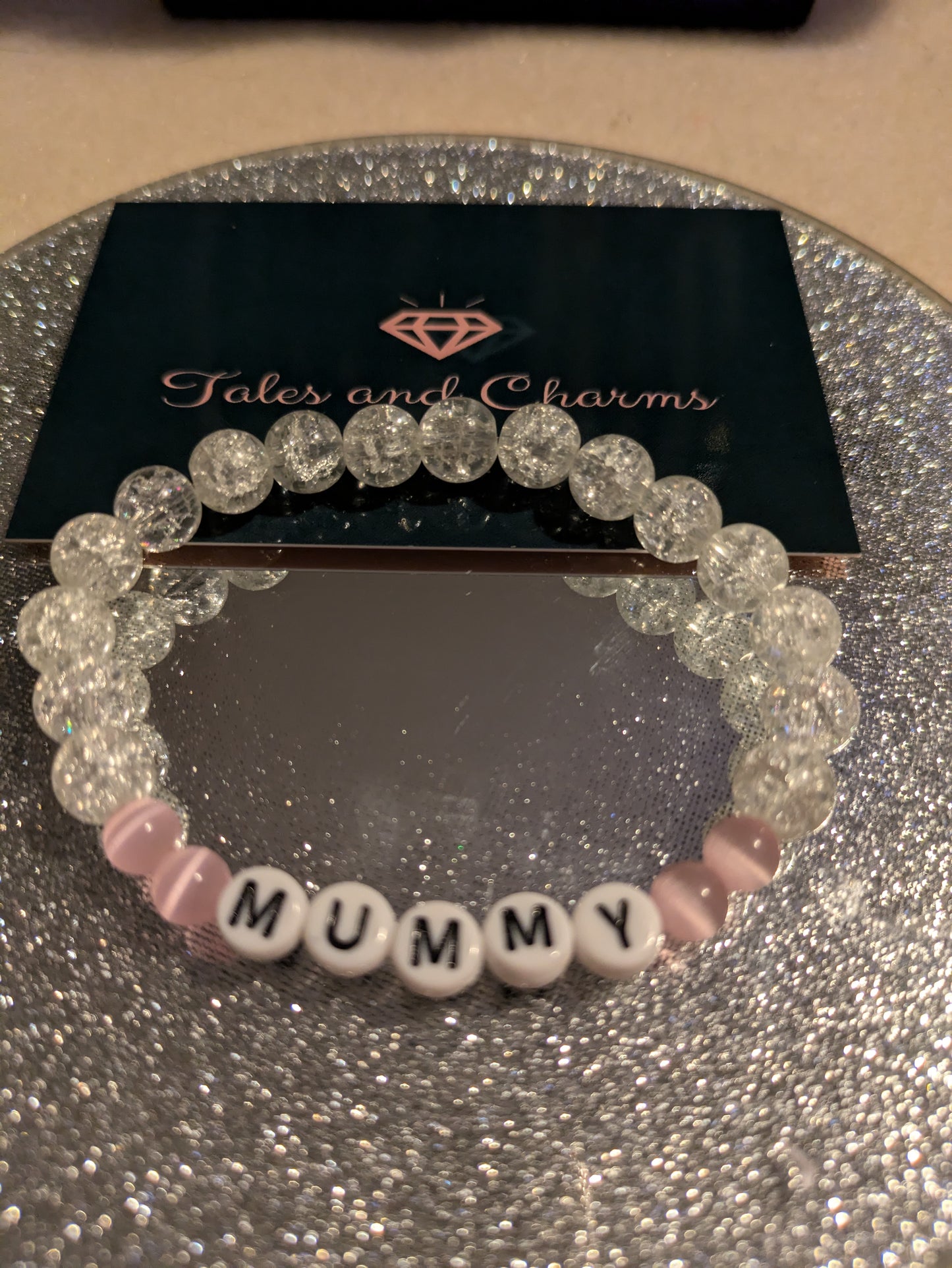"Mummy" Bracelet ~ with pink Cats Eye beads and Clear Cracked Glass. 16cm