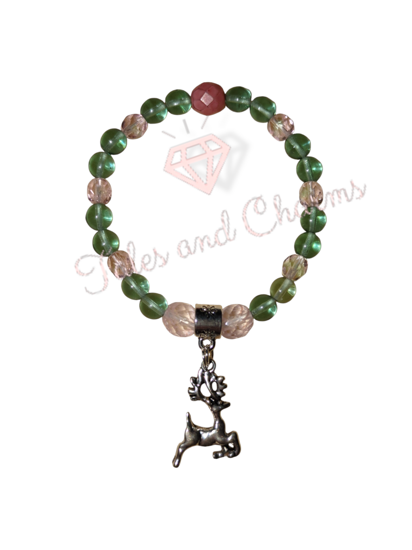 Pastel pink and green with reindeer charm