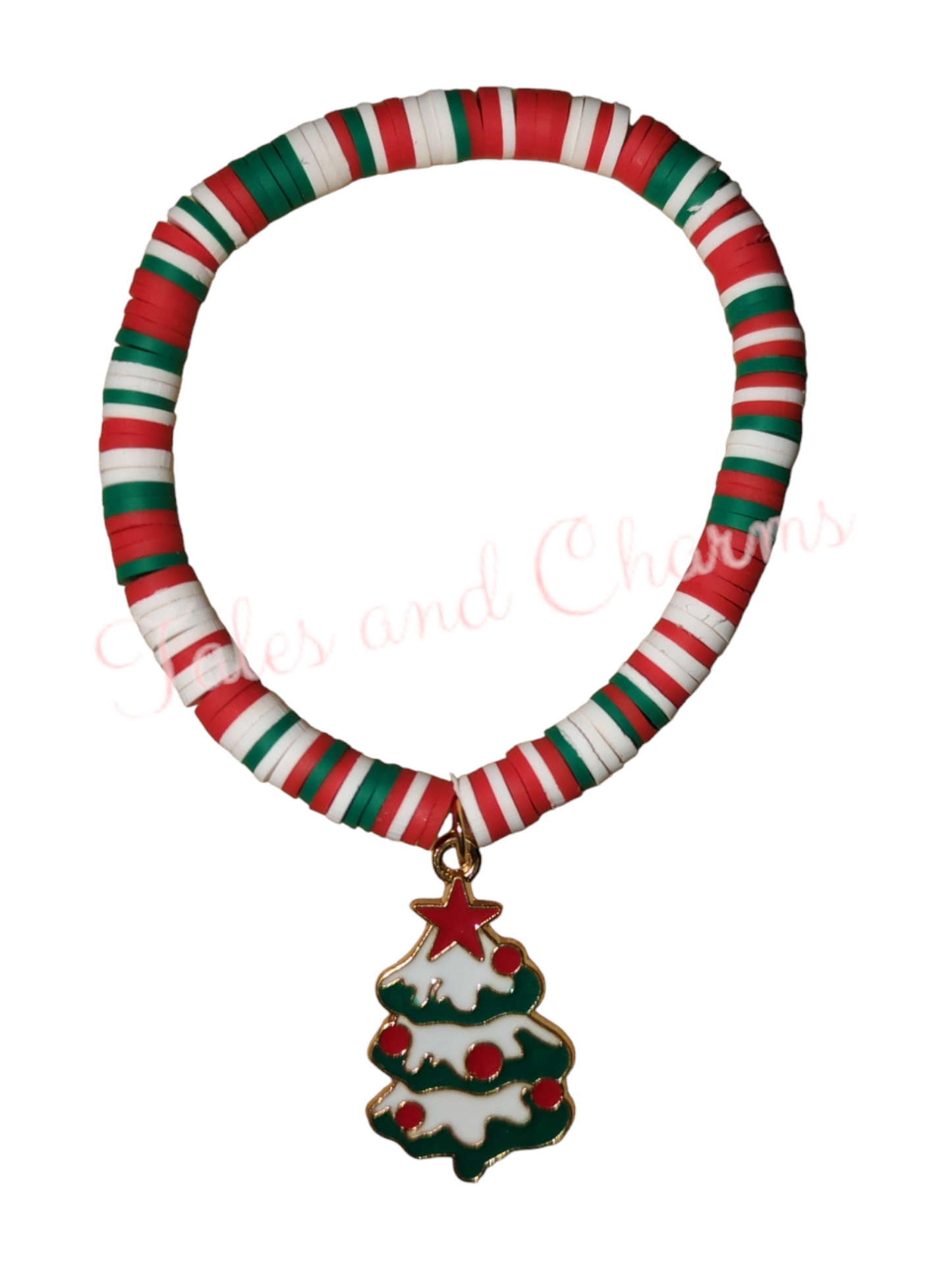 Clay Bead Bracelet with Christmas Tree Charm