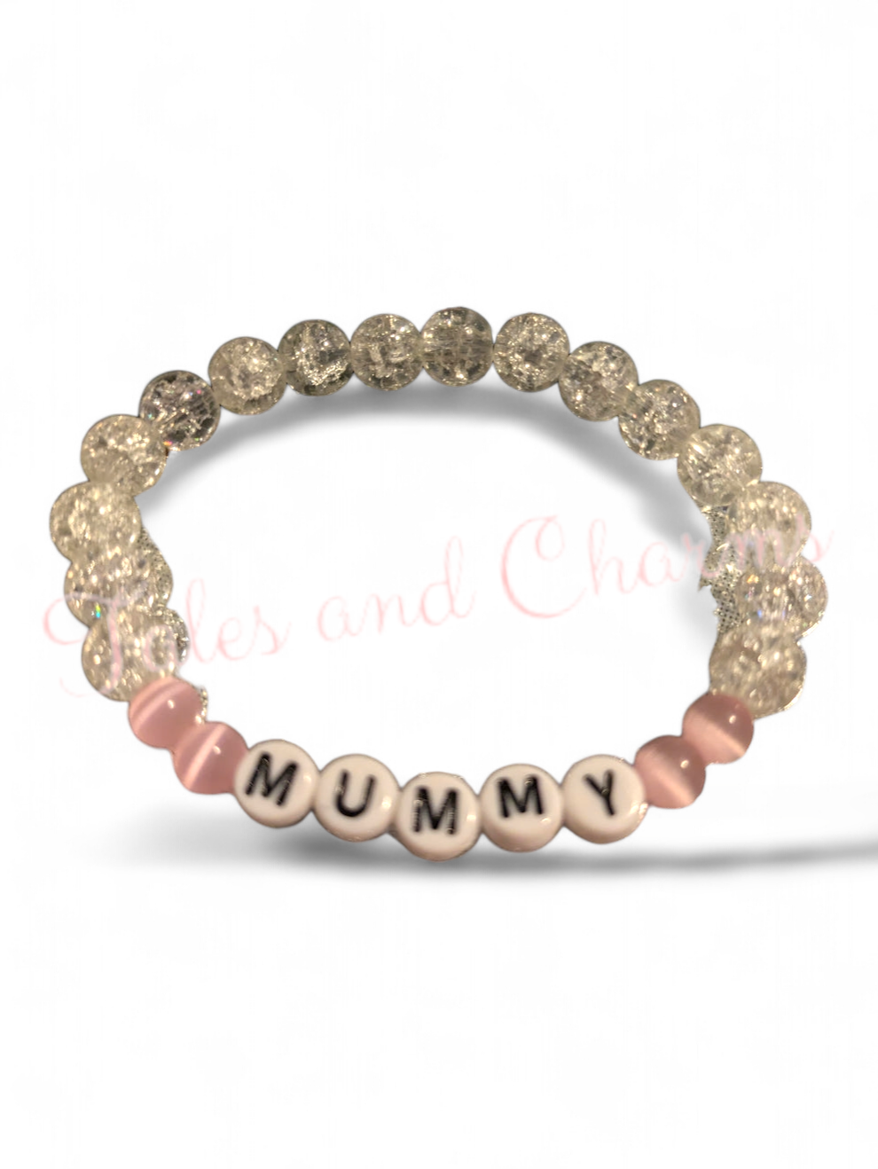 "Mummy" Bracelet ~ with pink Cats Eye beads and Clear Cracked Glass. 16cm