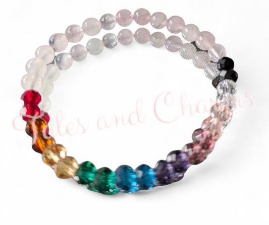 Rainbow & Rose Quartz Bracelet on stretch elastic