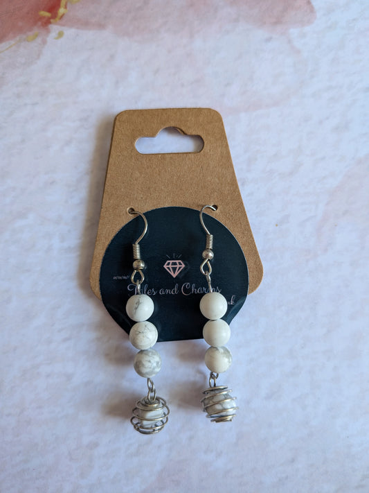 Howlite Bead Drop Earrings ~ Silver Wire Detail.