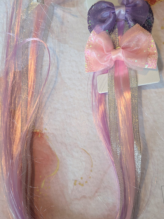 Pretty Hair Bow Set (2) Pink & Purple Sparkly Hair Extensions