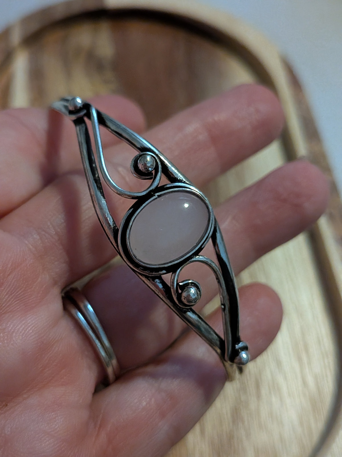 925 Sterling Silver Rose Quartz Gemstone Cuff Bangle